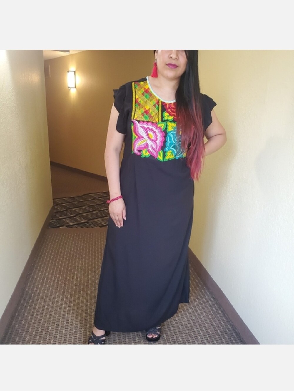 MEXICANA Black Maxi Dress with Bright Multi-Color Embroidered Front